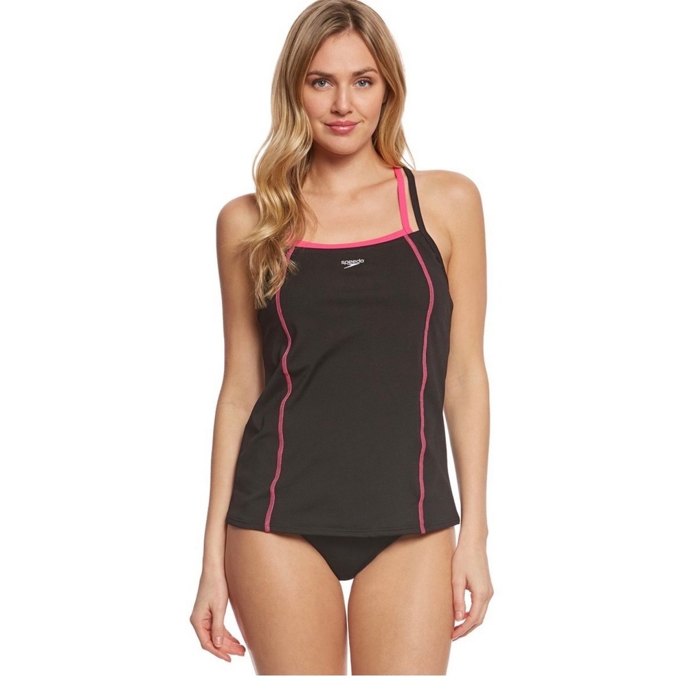 NWT Speedo Endurance+ Double Strap Tankini Swim Top Power Pink Black Size 14